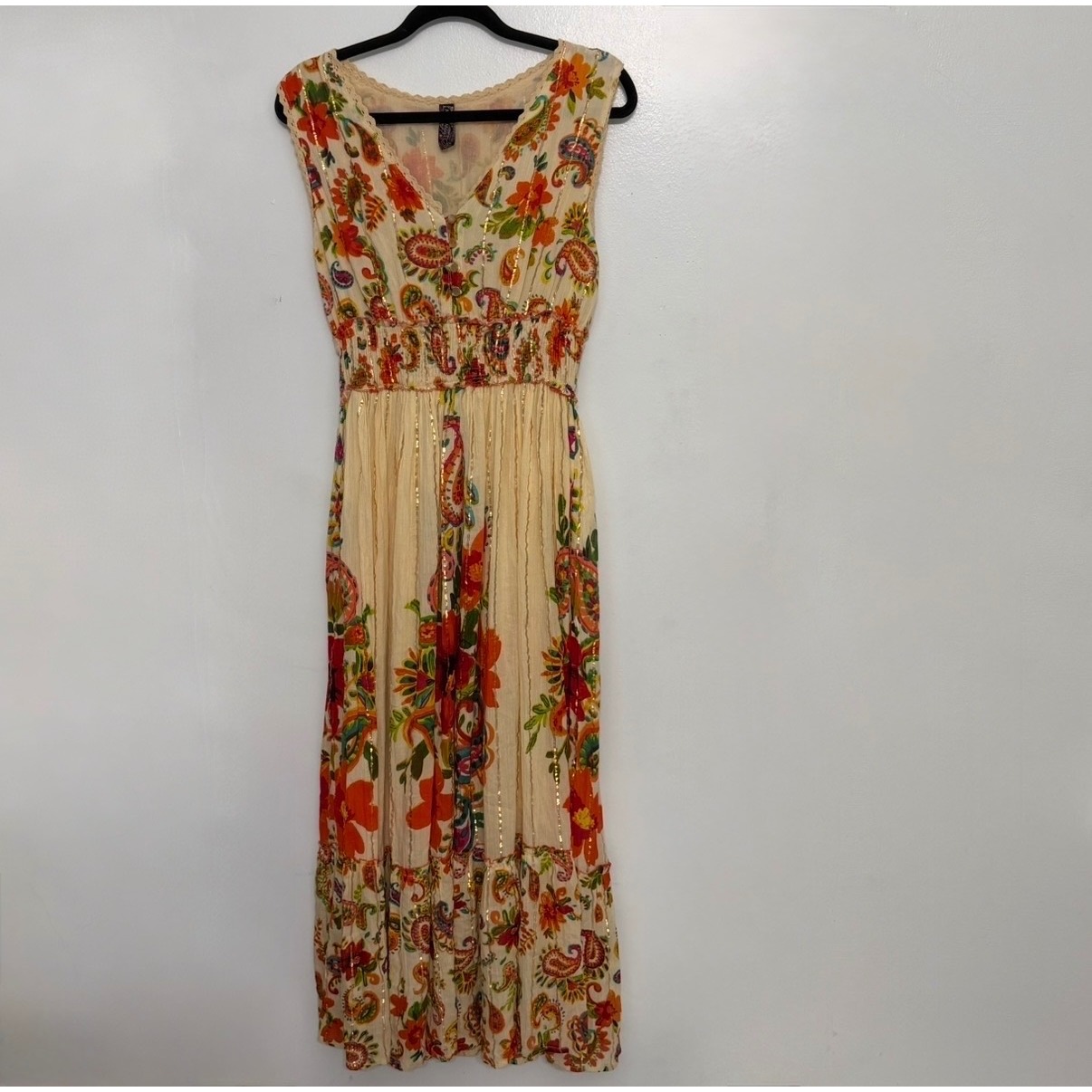 Me 2 Magic Boho Floral Paisley Smocked Gold Metallic Shimmer Cream Maxi Dress L